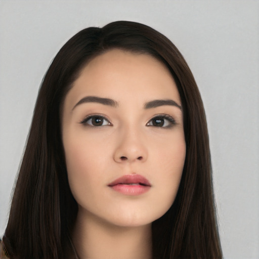 Neutral asian young-adult female with long  brown hair and brown eyes