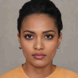 Neutral black young-adult female with short  black hair and brown eyes