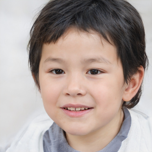 Joyful white child male with medium  brown hair and brown eyes