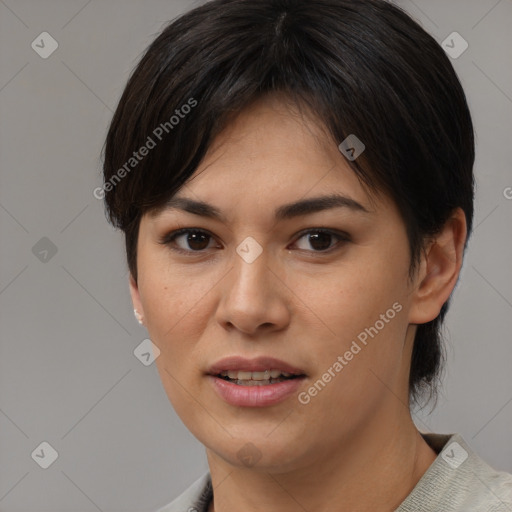 Joyful asian young-adult female with medium  brown hair and brown eyes