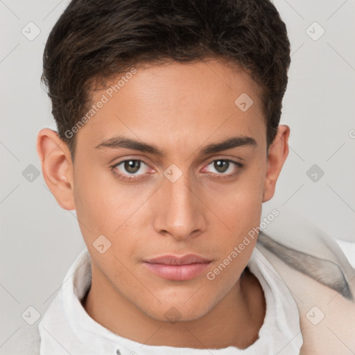 Neutral white young-adult male with short  brown hair and brown eyes