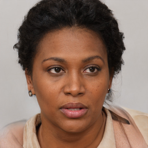 Neutral black young-adult female with short  brown hair and brown eyes