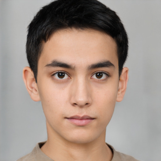Neutral asian young-adult male with short  brown hair and brown eyes