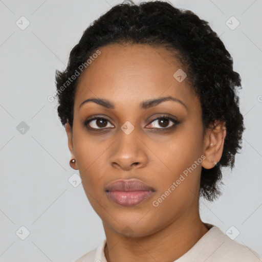 Neutral black young-adult female with short  black hair and brown eyes