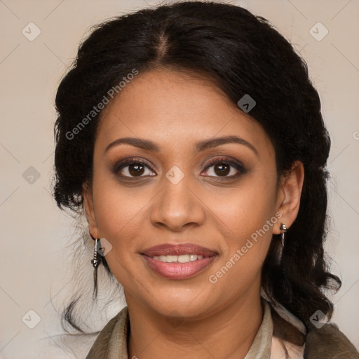 Joyful black young-adult female with long  brown hair and brown eyes