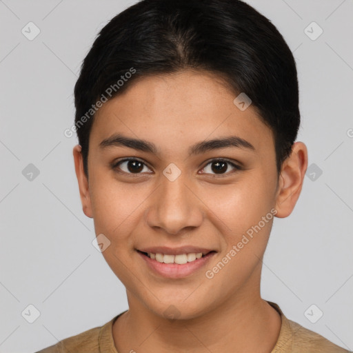 Joyful latino young-adult female with short  brown hair and brown eyes