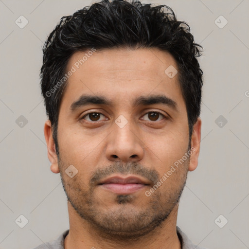 Neutral latino young-adult male with short  black hair and brown eyes