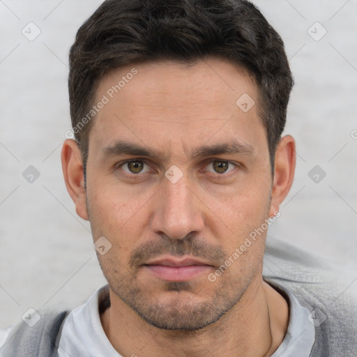 Neutral white adult male with short  brown hair and brown eyes