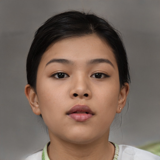 Neutral asian young-adult female with short  brown hair and brown eyes