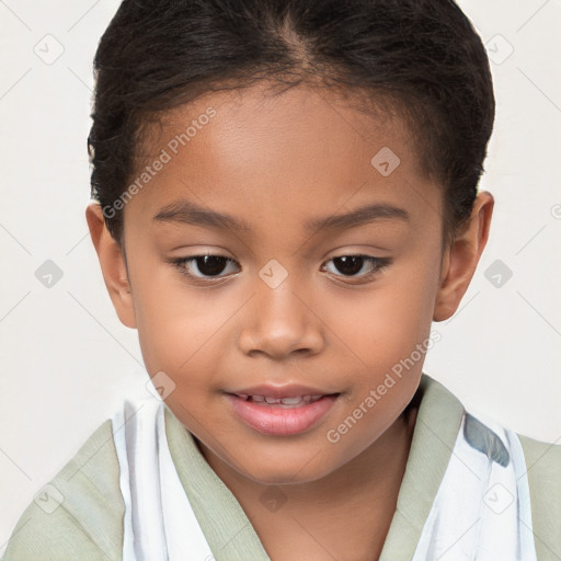 Joyful white child female with short  brown hair and brown eyes