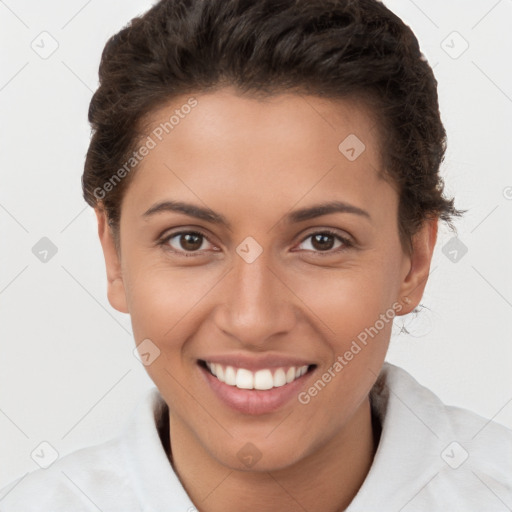 Joyful white young-adult female with short  brown hair and brown eyes