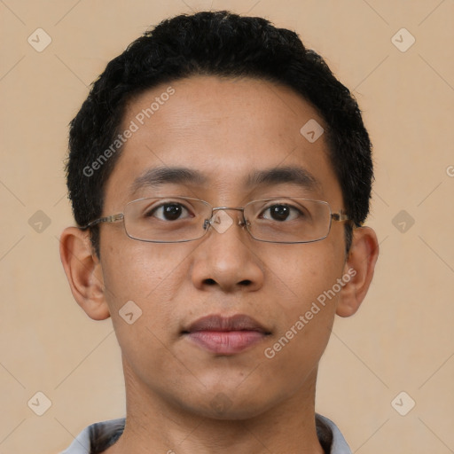 Neutral asian young-adult male with short  black hair and brown eyes