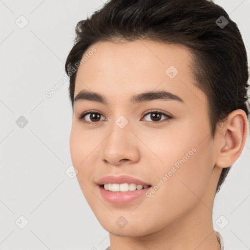 Joyful white young-adult female with short  brown hair and brown eyes