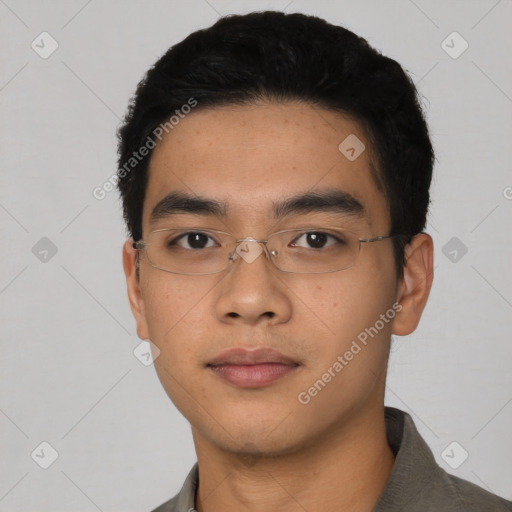 Neutral asian young-adult male with short  black hair and brown eyes