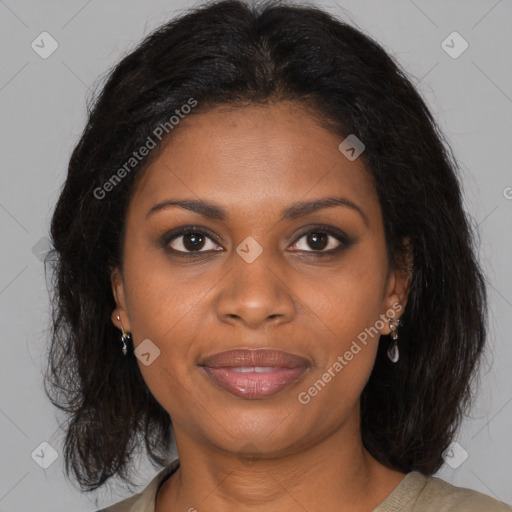 Joyful black young-adult female with medium  brown hair and brown eyes