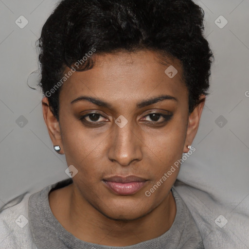 Neutral black young-adult female with short  brown hair and brown eyes