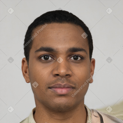Neutral black young-adult male with short  black hair and brown eyes