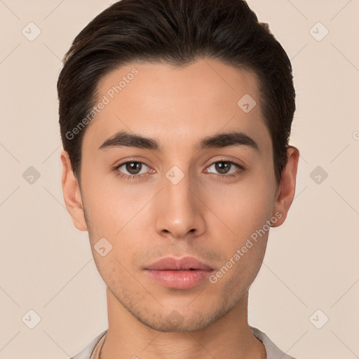 Neutral white young-adult male with short  brown hair and brown eyes