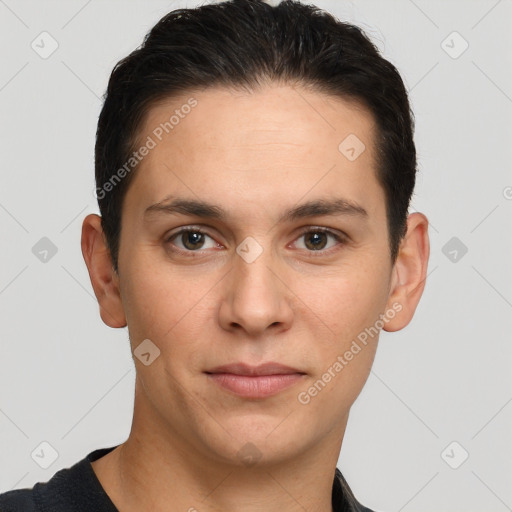 Joyful white young-adult male with short  brown hair and brown eyes