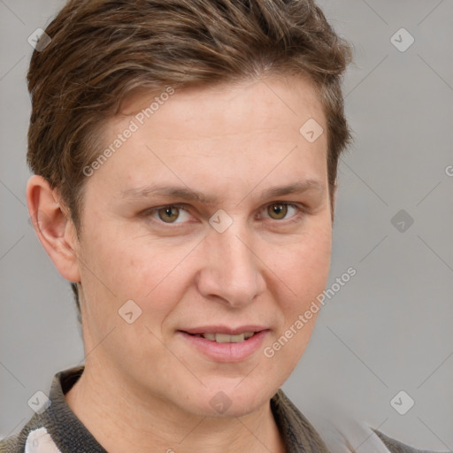 Joyful white adult female with short  brown hair and grey eyes