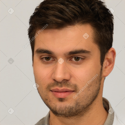 Neutral white young-adult male with short  brown hair and brown eyes