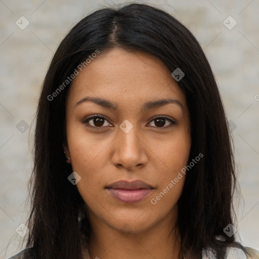 Joyful latino young-adult female with long  brown hair and brown eyes