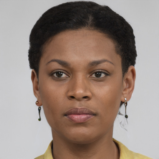 Neutral latino young-adult female with short  brown hair and brown eyes