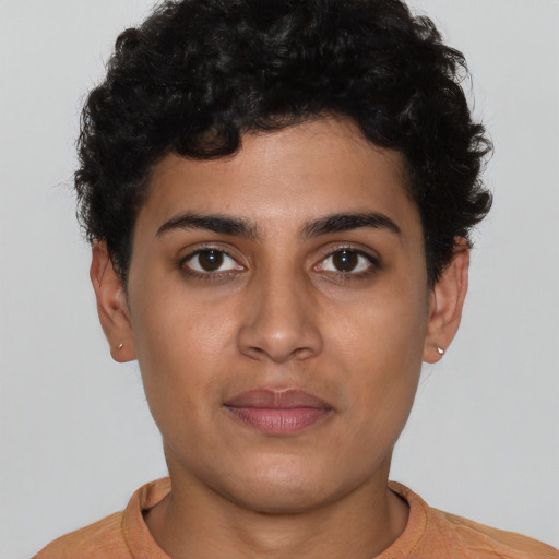 Neutral latino young-adult female with short  brown hair and brown eyes