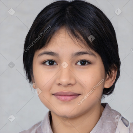 Joyful asian young-adult female with medium  black hair and brown eyes