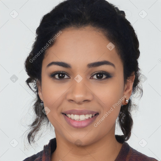 Joyful latino young-adult female with medium  black hair and brown eyes