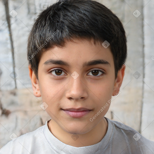 Joyful white child male with short  brown hair and brown eyes