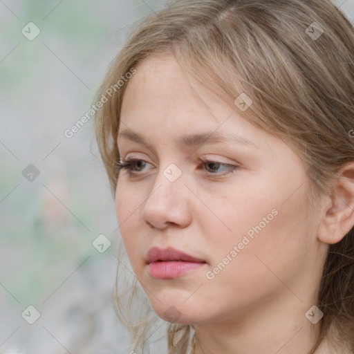 Neutral white young-adult female with medium  brown hair and grey eyes