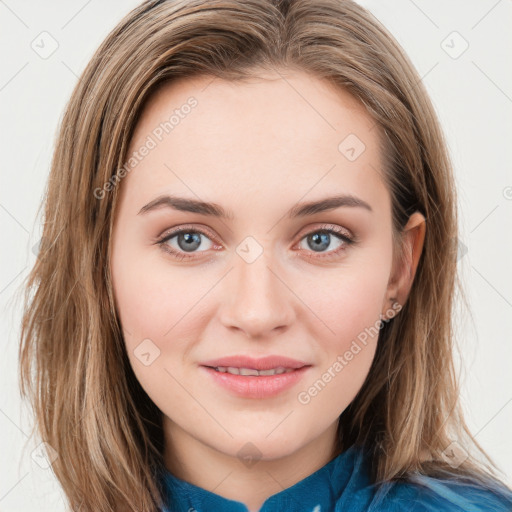 Joyful white young-adult female with medium  brown hair and blue eyes