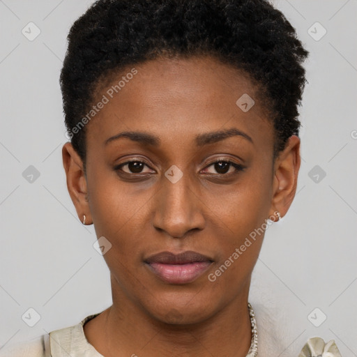 Neutral black young-adult female with short  brown hair and brown eyes