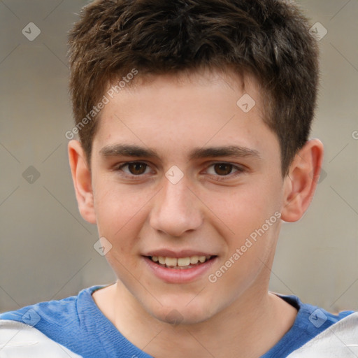 Joyful white child male with short  brown hair and brown eyes