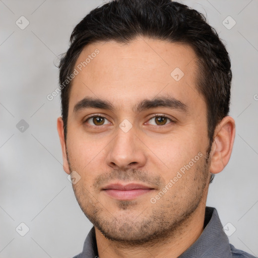 Neutral white young-adult male with short  brown hair and brown eyes