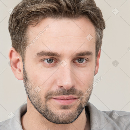 Neutral white young-adult male with short  brown hair and grey eyes