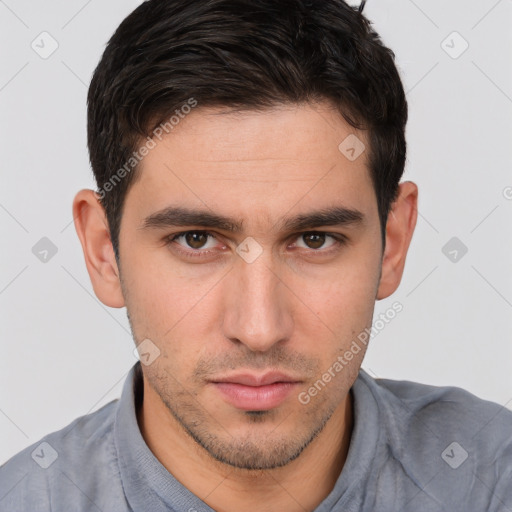 Neutral white young-adult male with short  brown hair and brown eyes