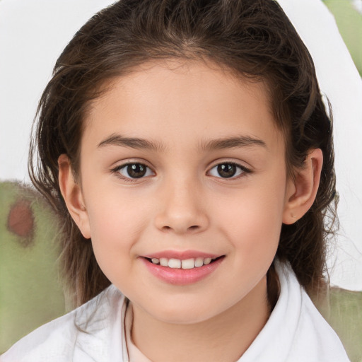 Joyful white child female with medium  brown hair and brown eyes