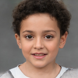 Joyful white child female with short  brown hair and brown eyes