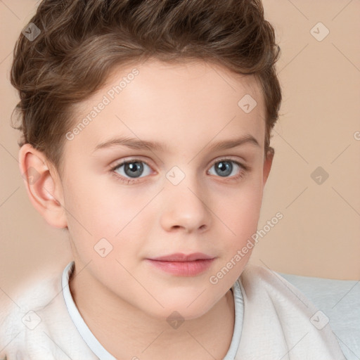 Joyful white child female with short  brown hair and brown eyes