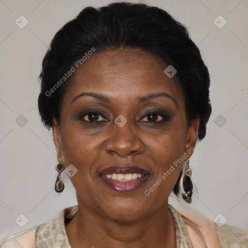 Joyful black adult female with medium  brown hair and brown eyes