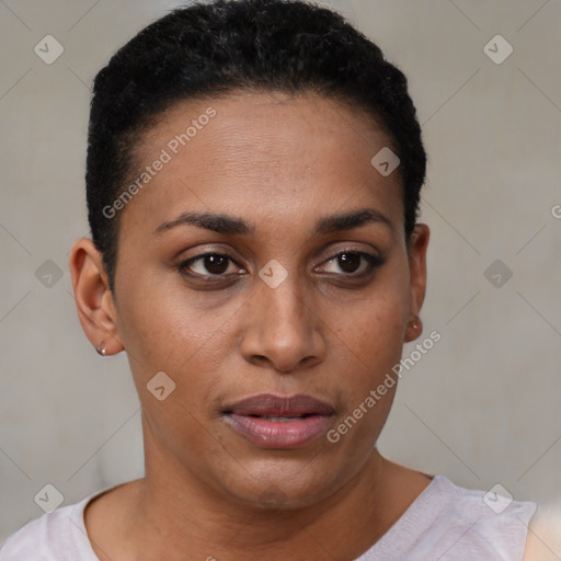 Joyful black young-adult female with short  brown hair and brown eyes