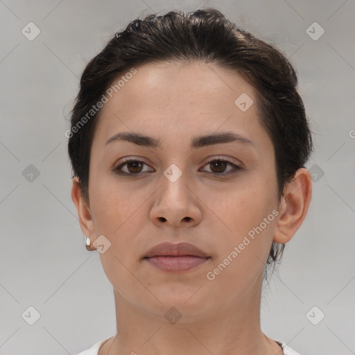 Neutral white young-adult female with short  brown hair and brown eyes