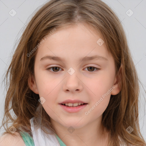 Joyful white child female with medium  brown hair and brown eyes