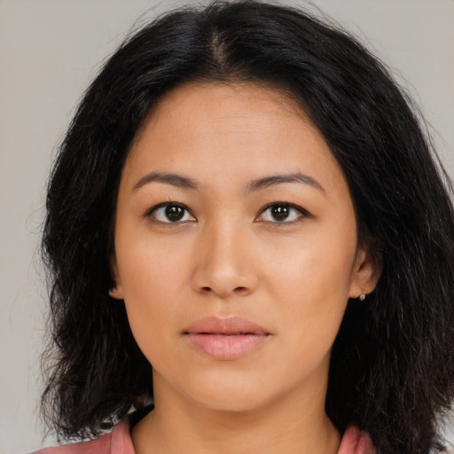 Neutral asian young-adult female with medium  black hair and brown eyes
