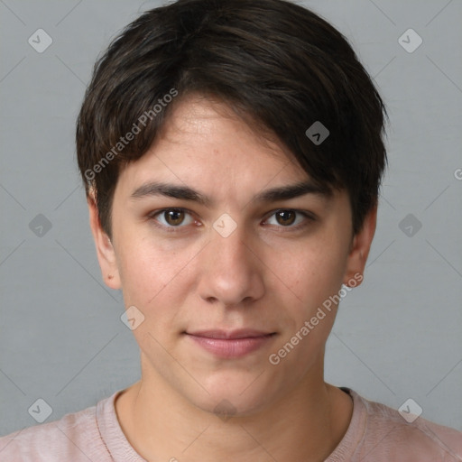 Neutral white young-adult male with short  brown hair and brown eyes