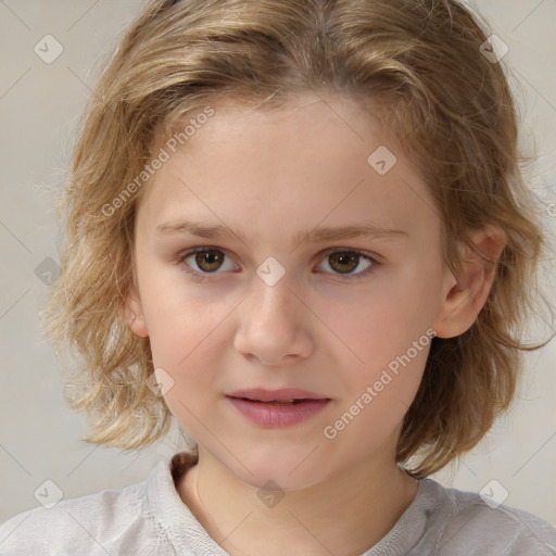 Joyful white child female with medium  brown hair and brown eyes