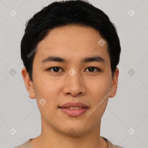 Joyful asian young-adult male with short  black hair and brown eyes