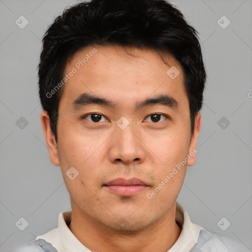 Neutral asian young-adult male with short  black hair and brown eyes